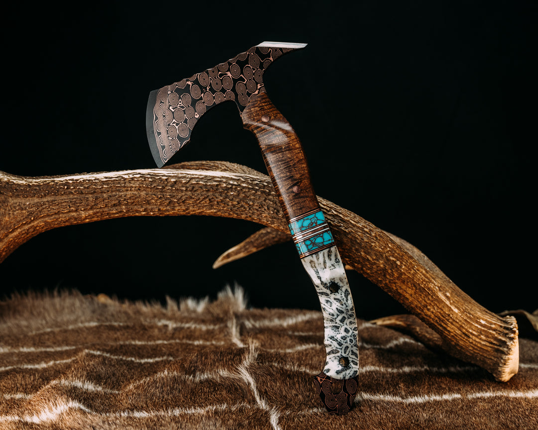 Reece Charlie Hawk- Baker Forge Raindrop CopperMai- Hawaiian Curly Koa, Black G10, Copper and White G10 Pin Striping, Turquoise with Copper Web Tru-stone Split, Dyed Coral, Copper Pins, 3/8" Mosaic Pins, Textured Grip