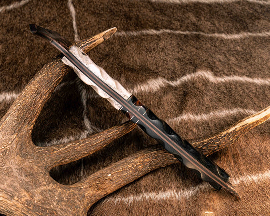 Recce Alpha Hawk- Baker Forge Random Pattern CopperMai- Elk Antler, Black G10 and Copper Pin Striping, Black Burlap Micarta and Desert Ironwood Split, Black Burlap Micarta, Mosaic Pins, Textured Grip