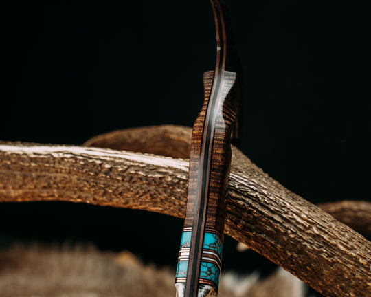 Reece Charlie Hawk- Baker Forge Raindrop CopperMai- Hawaiian Curly Koa, Black G10, Copper and White G10 Pin Striping, Turquoise with Copper Web Tru-stone Split, Dyed Coral, Copper Pins, 3/8" Mosaic Pins, Textured Grip