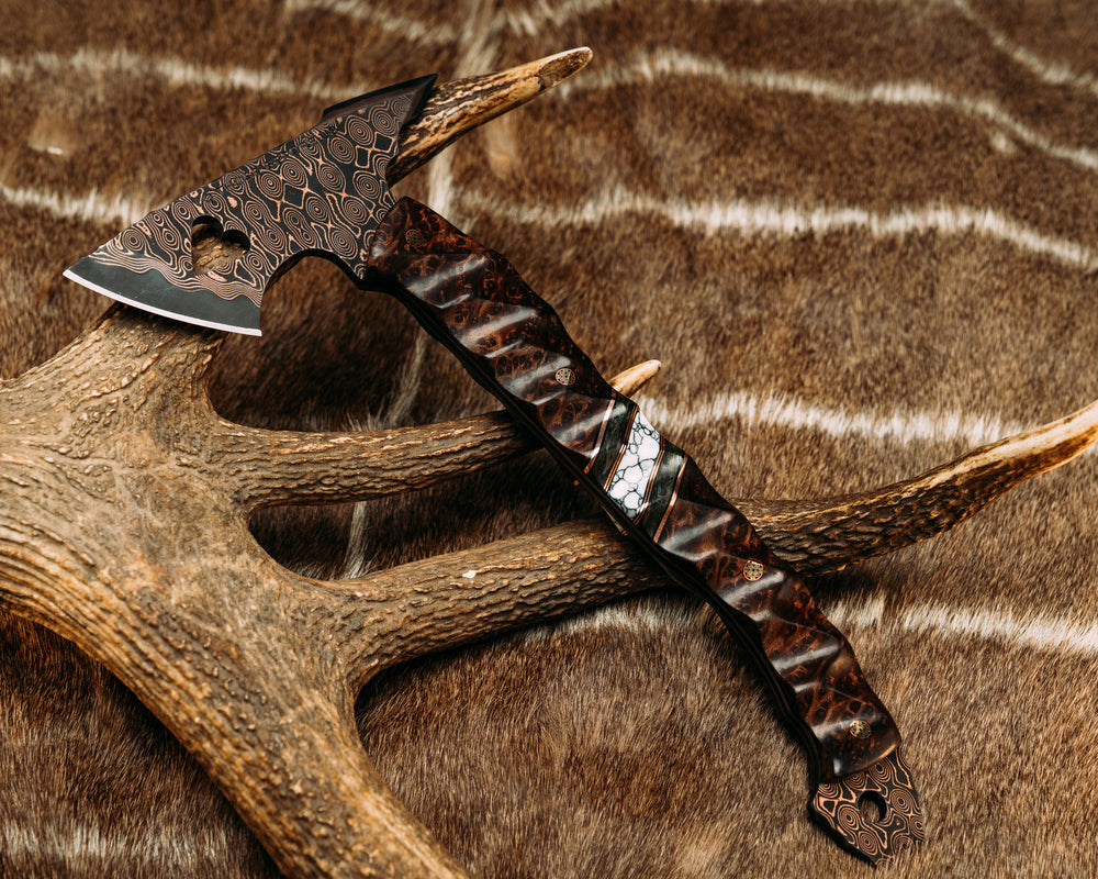 Bleeding Heart Hawk- Baker Forge Raindrop CopperMai- Redwood Burl, Copper and Black G10 Pin Striping, Green Dark Matter Carbon and White Turquoise Tru-stone Split, Mosaic Pins, Textured Grip