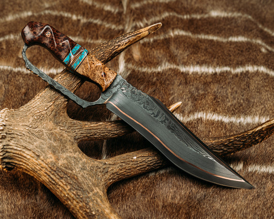 Trench Bowie- Baker Forge Copper GoMai Damascus- Black Ash Burl, Black G10 and Copper Pin Striping, Turquoise with Copper Web Tru-stone Split, Redwood Burl, Copper Patriot Mosaic Pins, Textured Grip