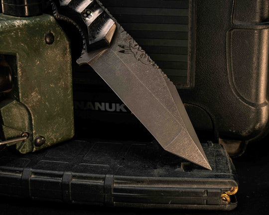 The Sabot- 2x2 Twill Carbon, Glow Mosaic Pin, Hidden Pin in Tang, Compound Grind, Textured Grip