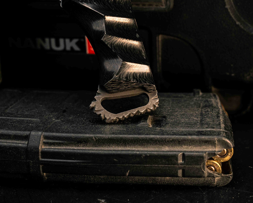 The Sabot- 2x2 Twill Carbon, Glow Mosaic Pin, Hidden Pin in Tang, Compound Grind, Textured Grip