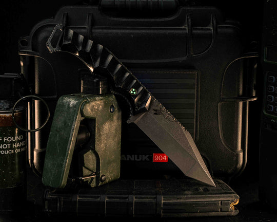 The Sabot- 2x2 Twill Carbon, Glow Mosaic Pin, Hidden Pin in Tang, Compound Grind, Textured Grip