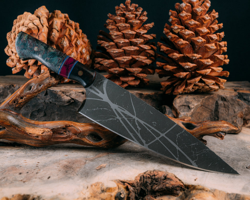 Chef Blade- Desert Ironwood, Blue G10 and Copper Pin Striping, Sugi Tru-stone Split, Dyed Maple, Mosaic Pins, Smooth Grip