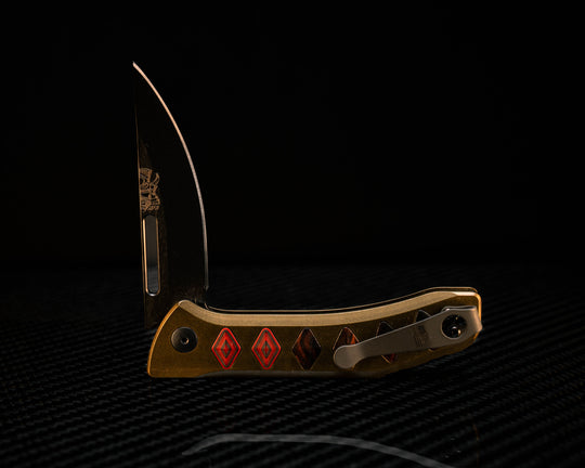 Custom Kwaiken Folder- Red Dragon Camoquartz and Desert Ironwood Inlay, Anodized Green Handle, Black Nitride Blade, Textured Grip, Deep Carry Pocket Clip