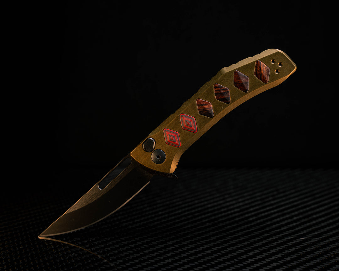 Custom Kwaiken Folder- Red Dragon Camoquartz and Desert Ironwood Inlay, Anodized Green Handle, Black Nitride Blade, Textured Grip, Deep Carry Pocket Clip