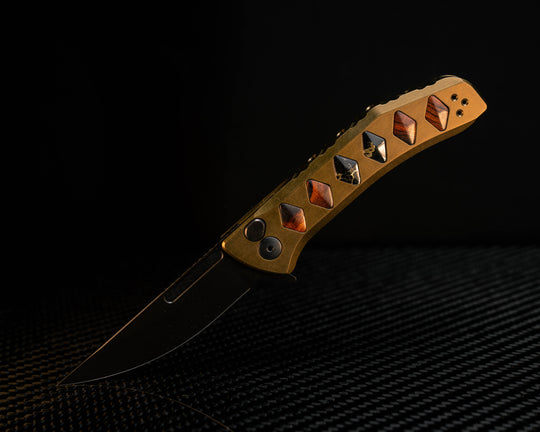 Custom Kwaiken Folder- Desert Ironwood and Black with Gold Web Tru-stone Inlay, Anodized Green Handle, Black Nitride Blade, Textured Grip, Deep Carry Pocket Clip