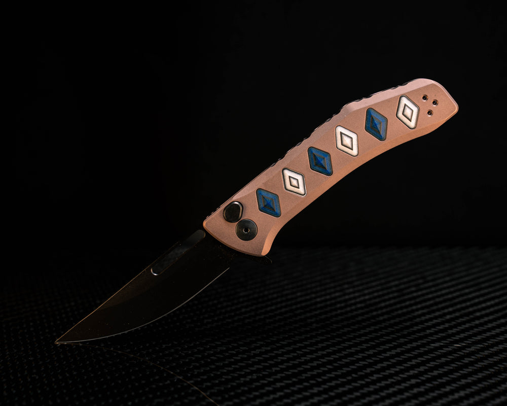Custom Kwaiken Folder- Blue and White Camoquartz Inlay, Anodized Grey Handle, Black Nitride Blade, Textured Grip, Deep Carry Pocket Clip