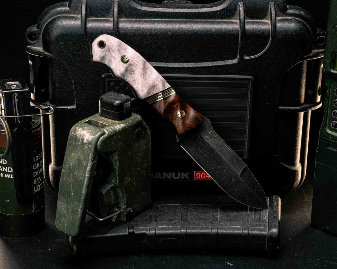 Disaster Jr Gen 3- Desert Ironwood, Black G10, Brass and Coyote G10 Split, Elk Antler, Mosaic Pins, Brass Lanyard Pin, Textured Grip