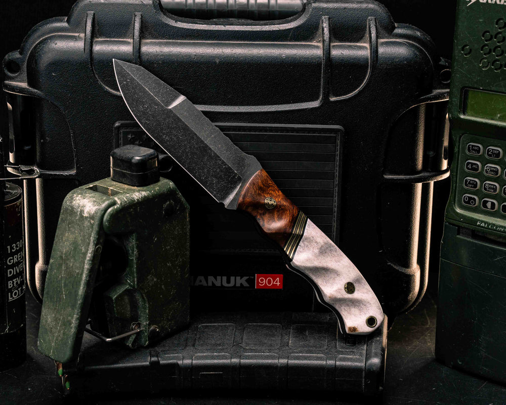 Disaster Jr Gen 3- Desert Ironwood, Black G10, Brass and Coyote G10 Split, Elk Antler, Mosaic Pins, Brass Lanyard Pin, Textured Grip
