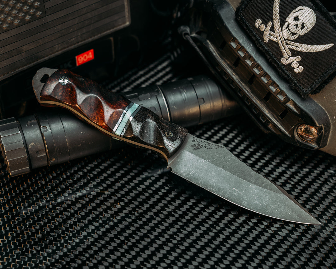 Field Knife - Ancient Bog Oak, Black G10 & Aluminum Pin Striping, Brittany G10, Desert Ironwood, Mosaic Pins, Textured Grip.