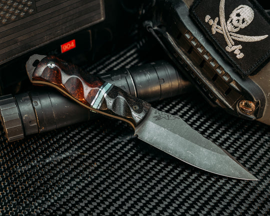 Field Knife - Ancient Bog Oak, Black G10 & Aluminum Pin Striping, Brittany G10, Desert Ironwood, Mosaic Pins, Textured Grip.