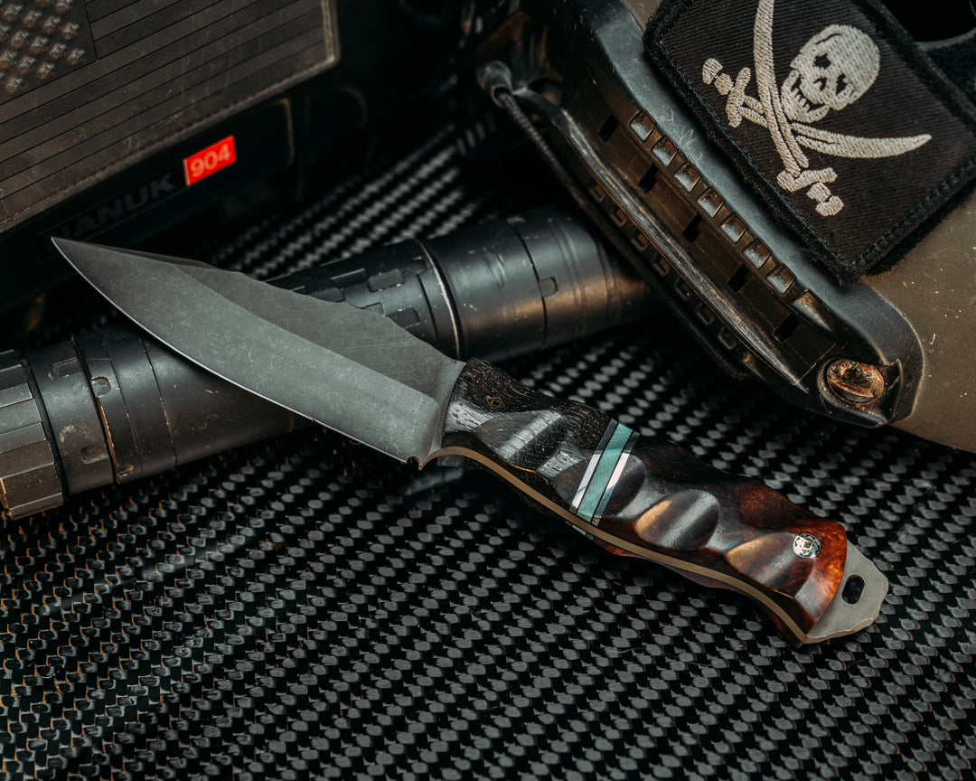 Field Knife - Ancient Bog Oak, Black G10 & Aluminum Pin Striping, Brittany G10, Desert Ironwood, Mosaic Pins, Textured Grip.