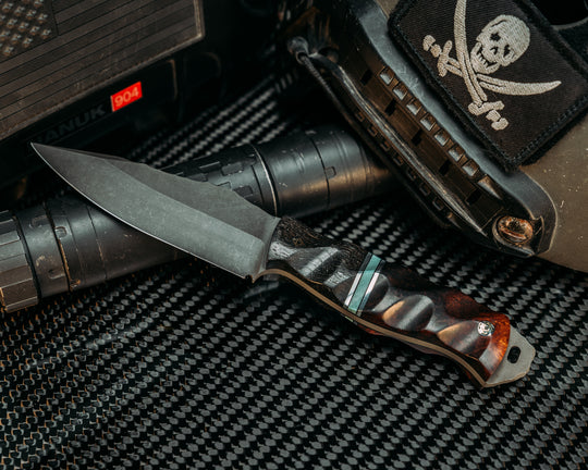 Field Knife - Ancient Bog Oak, Black G10 & Aluminum Pin Striping, Brittany G10, Desert Ironwood, Mosaic Pins, Textured Grip.