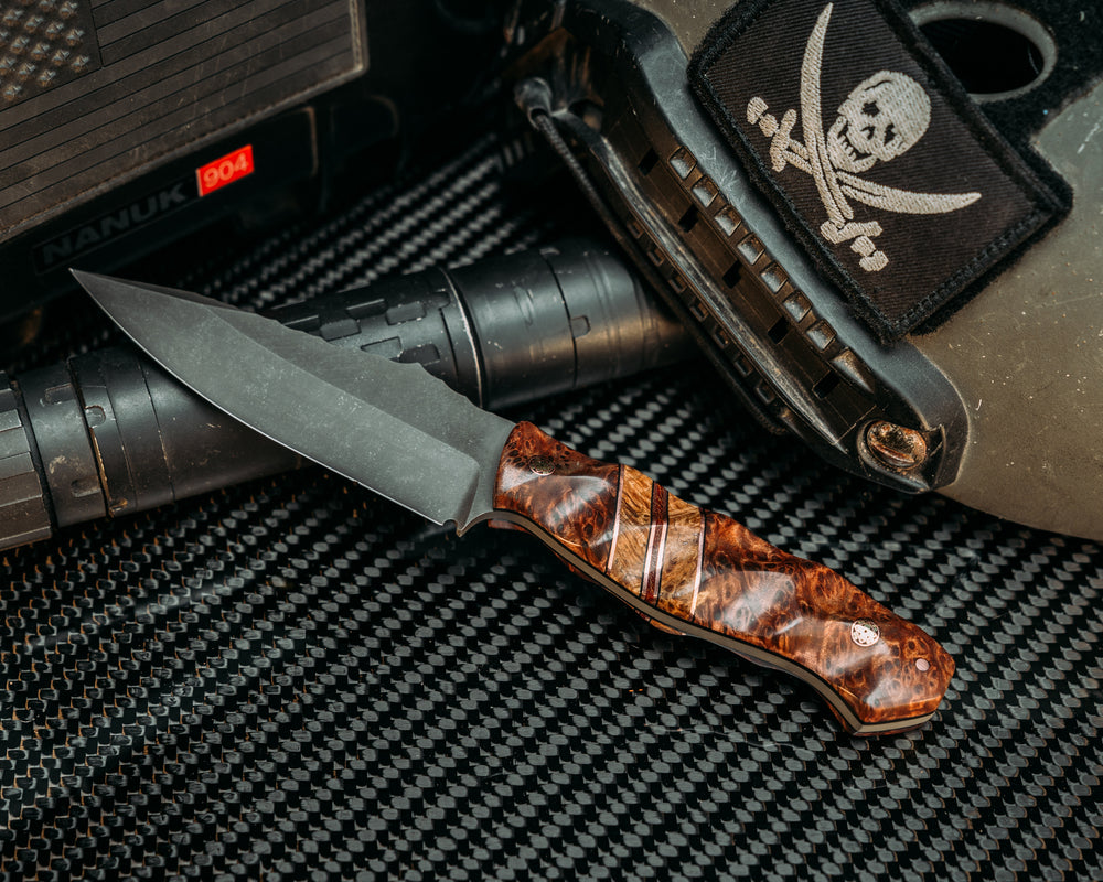 Field Knife - Redwood, Black G10 & Copper Pin Striping, Black Ash Burl Splits, Mosaic Pins, Tetxtured Grip.