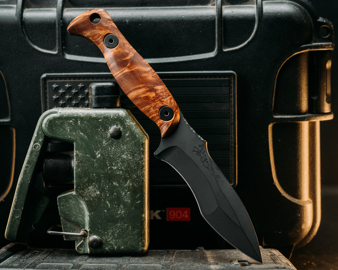 Extremis MK1 - Maple Burl, Allen Bolts, Armor Black Cerakote, Hollow Lanyard Hole, Smooth Grip