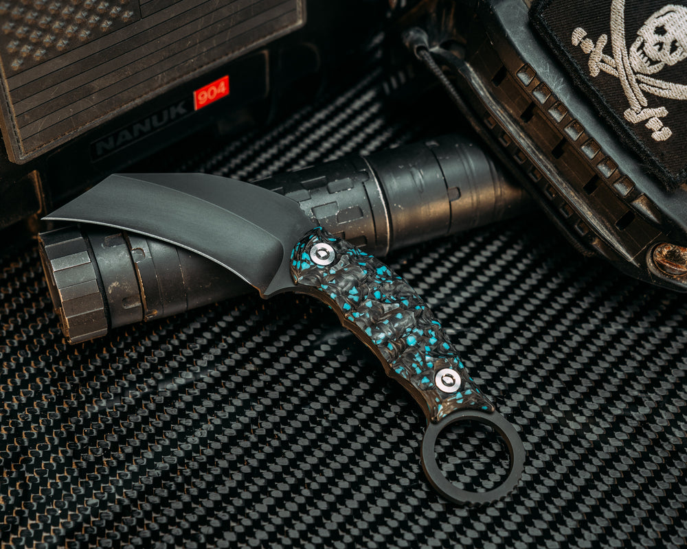 Karambito- Turquoise Rocky Wave Carbon, Armor Black Cerakote, Ti Allen Bolts, Textured Grip