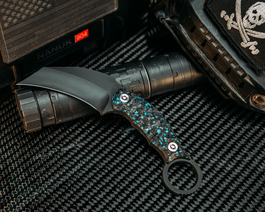 Karambito- Turquoise Rocky Wave Carbon, Armor Black Cerakote, Ti Allen Bolts, Textured Grip