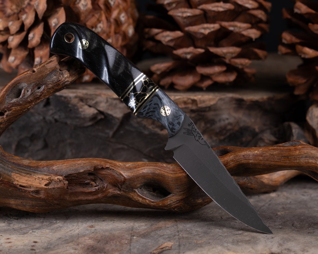 Modified Boogeyman- Carbon and Grey Resin, Black G10 and Brass Pin Striping, Black [with Gold Web Tru-stone Split, Bog Oak, Mosaic Pins, Brass Lanyard Pin, Textured Grip
