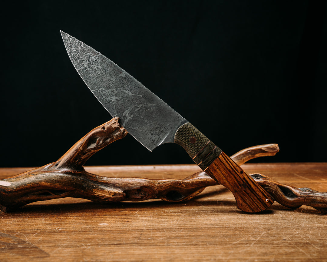 Chef Jr - OD Green Canvas Micarta, Copper Pinn Striping, OD Green Canvas Micarta Splits, Desert Ironwood, Copper Pins, smooth grip.