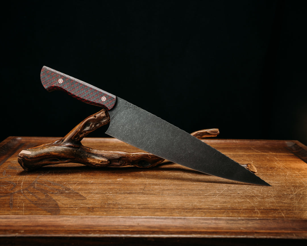 10" Chef Blade - Red Resin Infused Carbon, Mosaic Pins, Smooth Grip.