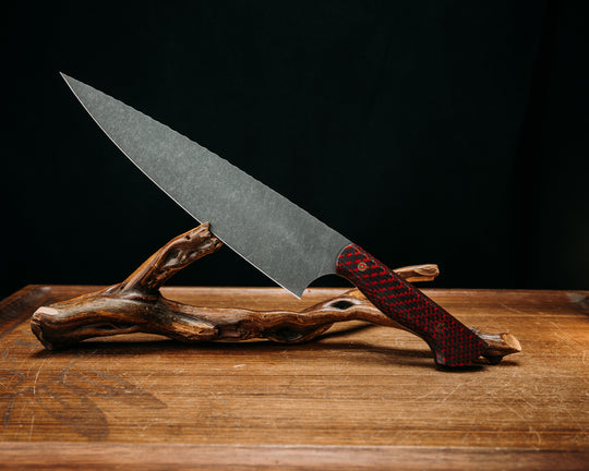 10" Chef Blade - Red Resin Infused Carbon, Mosaic Pins, Smooth Grip.