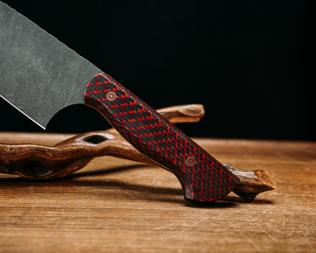 10" Chef Blade - Red Resin Infused Carbon, Mosaic Pins, Smooth Grip.