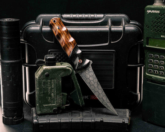 Combat Filet- Black Burlap Micarta, Copper Split, Desert Ironwood, Copper Patriot Pins, Copper Lanyard Pin, Textured Grip