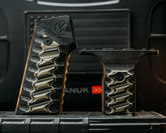 HFB x Kinetic AR Grip System SET - Black & OD Green G10 w/ Black Canvas Micarta, Black Mutli-Cam Cerakote Frames, Snake Textured Grip