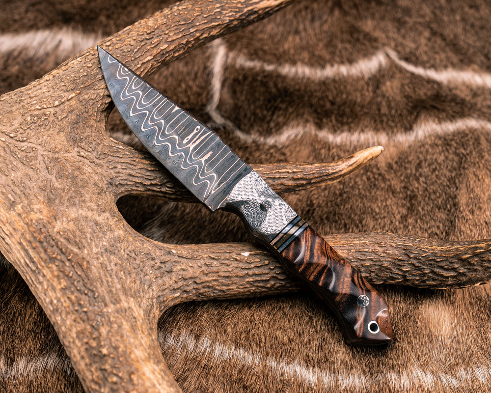 Red Crow- Baker Forge CopperMai Ladder Pattern Damascus- Silver Carbon, Black G10, Aluminum and Bronze Split, Hawaiian Curly Koa, Mosaic Pins Aluminum Lanyard Pin, Textured Grip