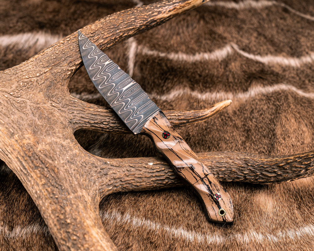Red Crow- Baker Forge CopperMai Ladder Pattern Damascus- Giant Irish Elk, Mosaic Pins, Brass Lanyard Pin, Textured Grip