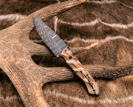 Red Crow- Baker Forge CopperMai Ladder Pattern Damascus- Giant Irish Elk, Mosaic Pins, Brass Lanyard Pin, Textured Grip