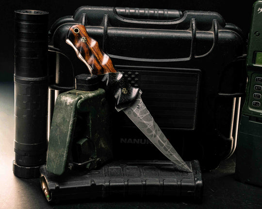 Combat Filet- Black Burlap Micarta, Brass Split, Desert Ironwood, Mosaic Pins, Brass Lanyard Pin, Textured Grip