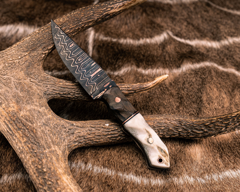 Red Crow- Baker Forge CopperMai Ladder Pattern Damascus- Pheasantwood, Black G10 and Copper Split, CO Elk Antler, Copper Pins, Copper Lanyard Pin, Textured Grip