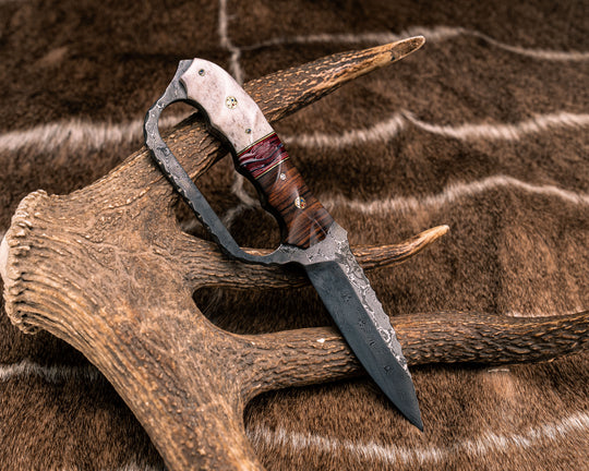Trench Knife- Baker Forge Raindrop Pattern Damascus- Desert Ironwood, Black G10, Brass and Cherry G10 Pin Striping, American Flag Micarta Split, CO Elk Antler, Patriot Mosaic Pins, Textured Grip