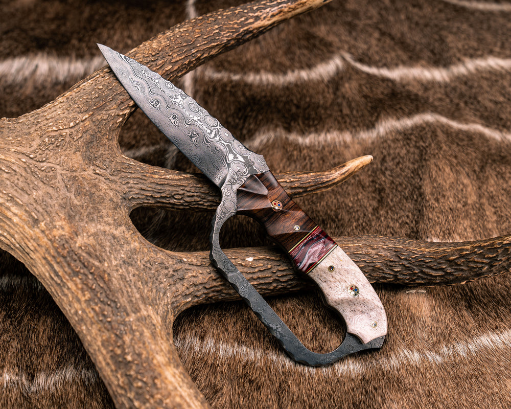 Trench Knife- Baker Forge Raindrop Pattern Damascus- Desert Ironwood, Black G10, Brass and Cherry G10 Pin Striping, American Flag Micarta Split, CO Elk Antler, Patriot Mosaic Pins, Textured Grip