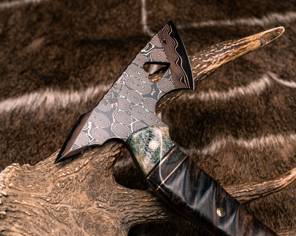 Bleeding Heart Hawk- Baker Forge Raindrop CopperMai- Dyed Giraffe Bone, Black G10 and Copper Pin Striping, Ancient Bog Oak and Hawaiian Curly Koa Split, Mosaic Pins, Textured Grip