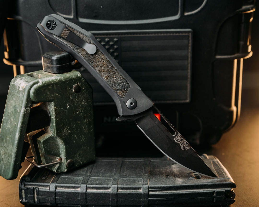 Custom Kwaiken Folder -  Mammoth Bone, Black Handle, Black Nitride Blade, Deep Carry Pocket Clip