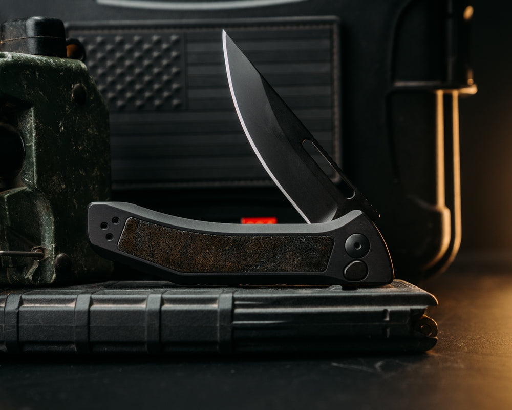 Custom Kwaiken Folder -  Mammoth Bone, Black Handle, Black Nitride Blade, Deep Carry Pocket Clip