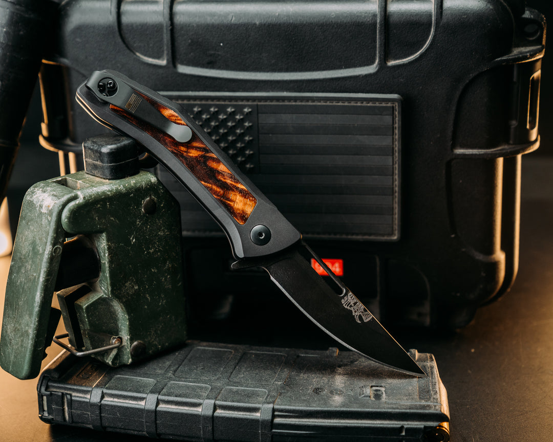 Custom Kwaiken Folder - Hawaiian Curly Koa, Anodized Black Handle, Black Nitride Blade, Textured Grip, Deep Carry Pocket Clip