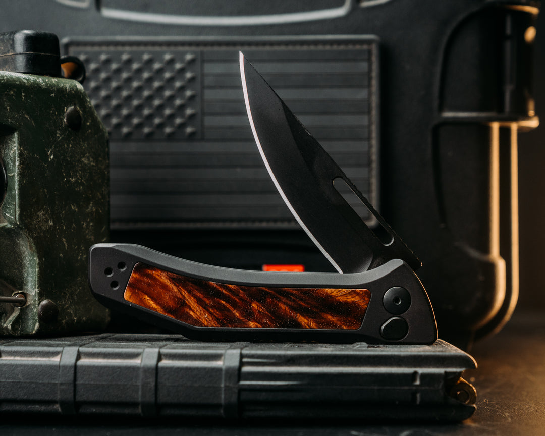 Custom Kwaiken Folder - Hawaiian Curly Koa, Anodized Black Handle, Black Nitride Blade, Textured Grip, Deep Carry Pocket Clip