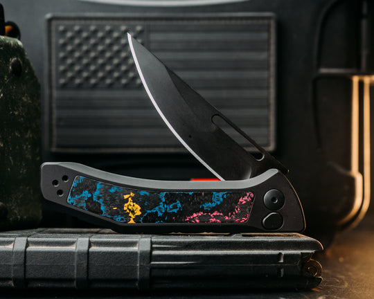 Custom Kwaiken Folder - 80's Camo Carbon, Anodized Black Handle, Black Nitride Blade, Textured Grip, Deep Carry Pocket Clip