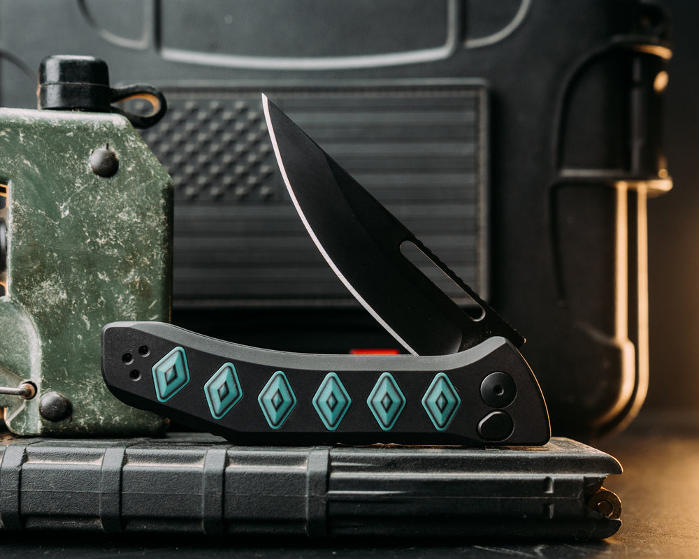 Custom Kwaiken Folder- Aquamarine Camo Quartz, Anodized Black Handle, Black Nitride Blade, Textured Grip, Deep Carry Pocket Clip