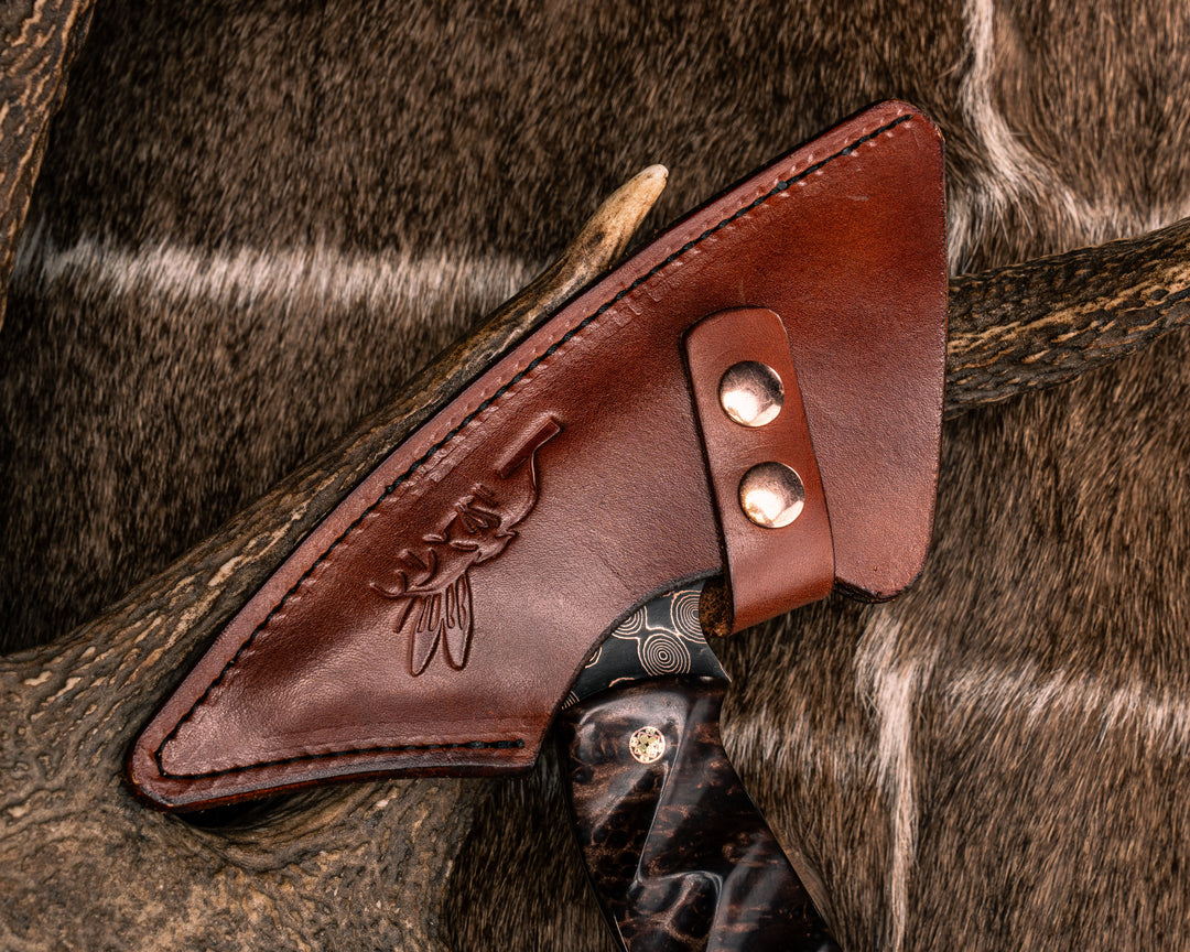 Bleeding Heart Hawk- Baker Forge Raindrop CopperMai- Redwood Burl, Copper and Black G10 Pin Striping, Green Dark Matter Carbon and White Turquoise Tru-stone Split, Mosaic Pins, Textured Grip