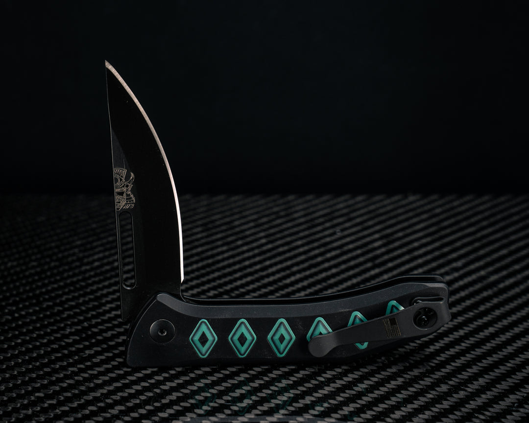 Custom Kwaiken Folder - Aquamarine Camoquartz Inlay, Anodized Black Handle, Black Nitride Blade, Textured Grip, Deep Carry Pocket Clip