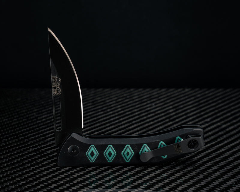 Custom Kwaiken Folder - Aquamarine Camoquartz Inlay, Anodized Black Handle, Black Nitride Blade, Textured Grip, Deep Carry Pocket Clip