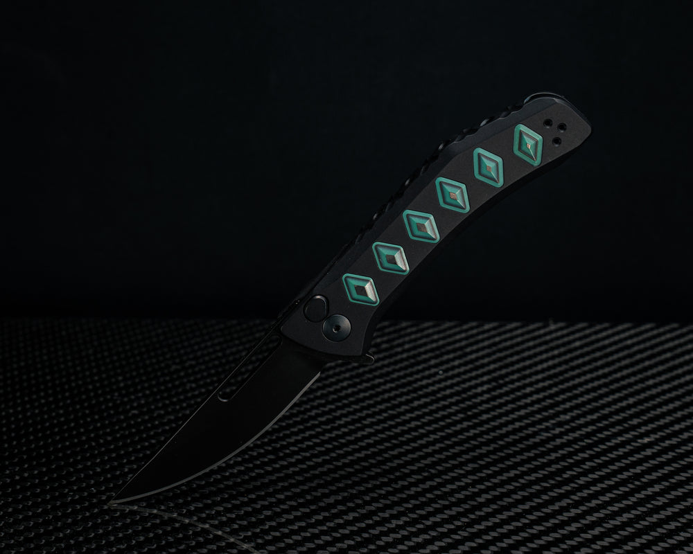Custom Kwaiken Folder - Aquamarine Camoquartz Inlay, Anodized Black Handle, Black Nitride Blade, Textured Grip, Deep Carry Pocket Clip