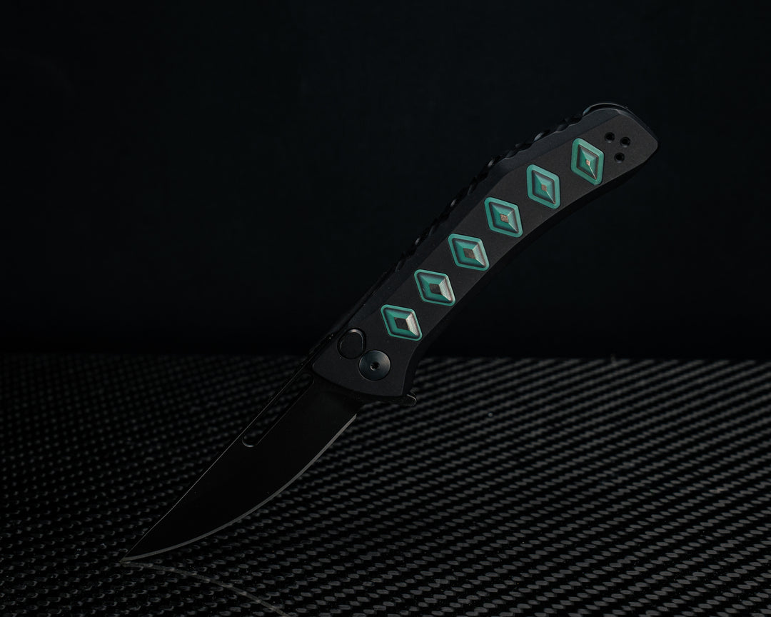 Custom Kwaiken Folder - Aquamarine Camoquartz Inlay, Anodized Black Handle, Black Nitride Blade, Textured Grip, Deep Carry Pocket Clip