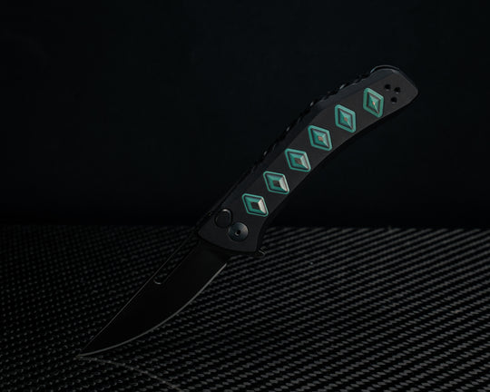 Custom Kwaiken Folder - Aquamarine Camoquartz Inlay, Anodized Black Handle, Black Nitride Blade, Textured Grip, Deep Carry Pocket Clip